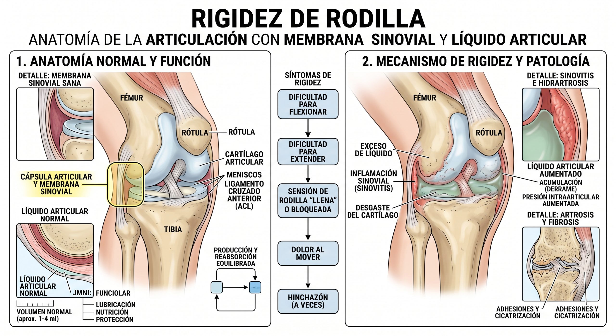 Membrana sinovial, cartílago y líquido articular en la anatomía de la rodilla